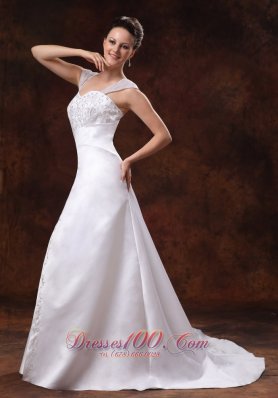Luxurious Straps Court Train Wedding Dress With Embroidery For Custom Made In Dahlonega Georgia