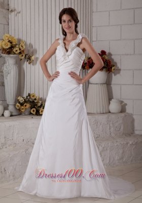 Brand New Wedding Dress A-line V-neck Ruch Brush Train Taffeta