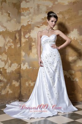 Beautiful Column Sweetheart Court Train Silk Like Satin Beading Wedding Dress