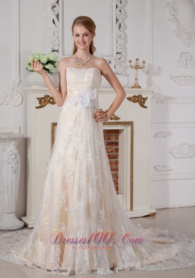 Lovely A-line Strapless Lace Wedding Dress Court Train Hand Made Flowers