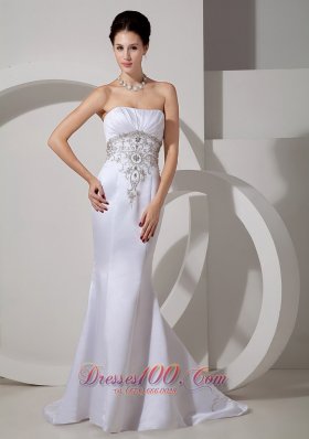 Discount Mermaid Strapless Wedding Dress Brush Train Satin Embroidery and Ruch