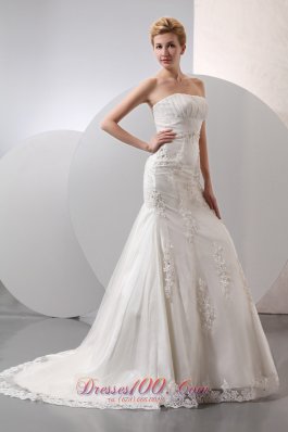 Modest Wedding Dress Mermaid Strapless Lace and Appliques Court Train Taffeta and Organza