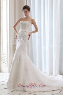 Best Wedding Dress Mermaid Beading and Appliques Strapless Court Train Satin