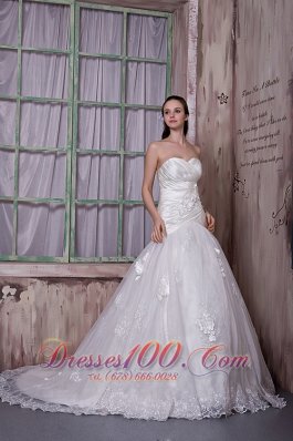 Custom Made A-line Sweetheart Court Train Taffeta and Lace Hand Made Flowers Wedding Dress