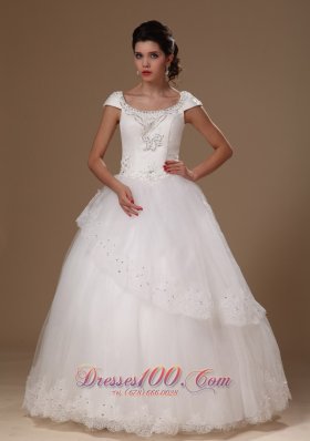 Beteau A-line Short Sleves Appliques Floor-length Perfect Taffeta and Tulle Wedding Dress For Customize