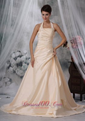 Champagne A-Line / Princess Halter Court Train Taffeta Ruched Wedding Dress