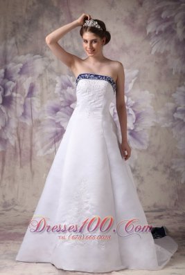 Beautiful A-line Strapless Wedding Dress Satin Embroidery Chapel Train