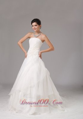 Appliques Custom Made Ruched Bodice Wedding Dress With Organza A-line