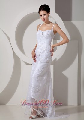 Pretty Column Straps Beach Wedding Dress Brush Train Lace Beading