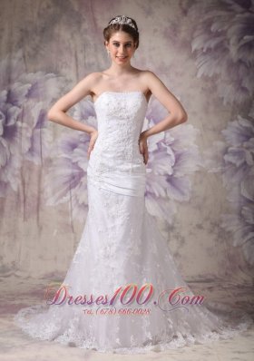 Beautiful Mermaid Strapless Court Train Lace Appliques Wedding Dress