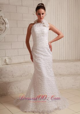 Lace Hand Made Flower Sheath Wedding Dress With Halter Brush Train