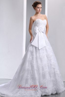 Popular A-line Sweetheart Hand Made Flower and Bow Wedding Dress Brush Train Taffeta and Lace