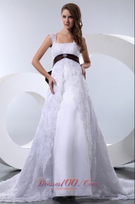 Fashionable A-line Straps Wedding Dress Satin and Lace Bow Beading Chapel Train
