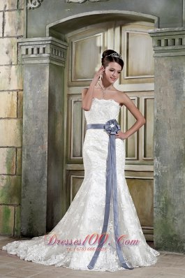 Beautiful Mermaid Strapless Court Train Lace Sash Wedding Dress