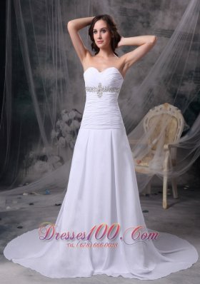 Custom Made White Princess Beach Wedding Dress Sweetheart Chiffon Appliques and Ruch Court Train