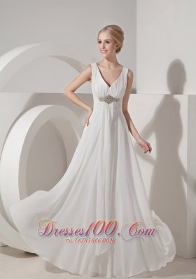 White Empire V-neck Beach Wedding Dress Chiffon Beading Floor-length