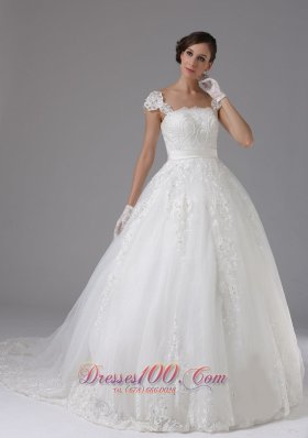 Custom Made Ball Gown Wedding Dress In Auburn California Lace Sash Cap Sleeves Brush Train
