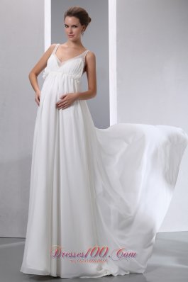 Simple A-line V-neck Maternity Wedding Dress Brush Train Chiffon Beading