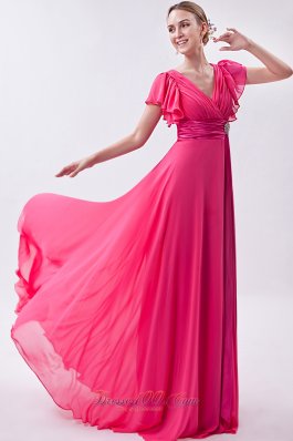 2013 Hot Pink Empire V-neck Prom Dress Chiffon Ruch Brush Train
