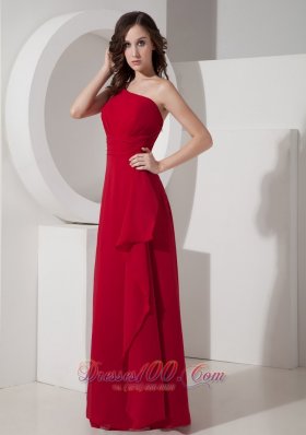 Cheap Red Empire One Shoulder Floor-length Chiffon Prom Dress