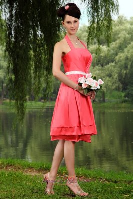 Cheap Coral Red Empire Halter Prom / Homecoming Dress Elastic Woven Satin Sashes Knee-length