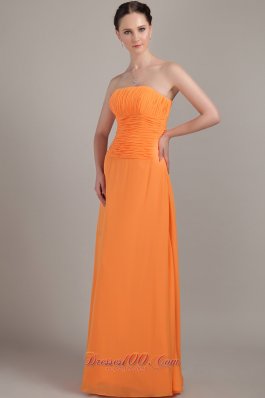 Cheap Orange Column Strapless Floor-length Chiffon Ruch Bridesmaid Dress