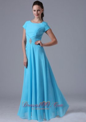 Aqua Blue Scoop Bridesmaid Dress With Beading and Ruch In Maryland