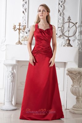 Wine Red A-line Halter Floor-length Satin Ruch Prom Dress