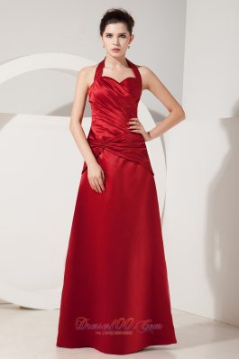Elegant Red Empire Halter Ruch Bridesmaid Dress Floor-length Satin