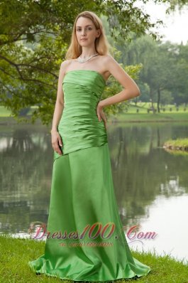 Spring Green A-line Strapless Brush Train Taffeta Ruch Bridesmaid Dress