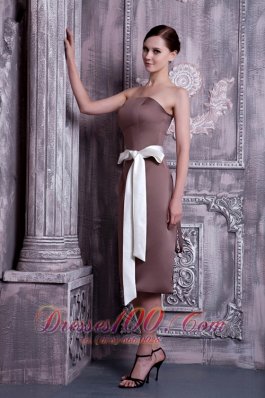 Brown Bridesmaid Dress Under 100 Column Strapless Tea-length Satin Sash