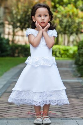 New White A-line Scoop Ankle-length Flower Girl Dress Taffeta and Lace