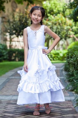 New White A-line Scoop Ankle-length Flower Girl Dress Taffeta Hand Made Flowers