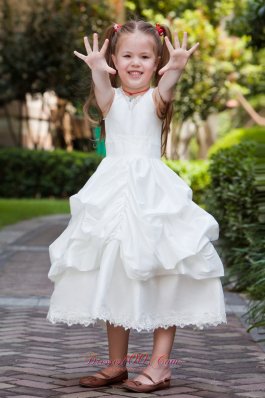 New White A-line V-neck Tea-length Taffeta and Lace Pick-ups Flower Girl Dress