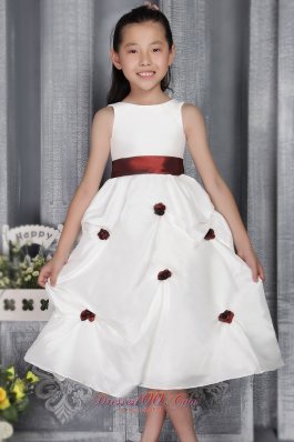 New White A-line / Princess Scoop Tea-length Taffeta Belt and Appliques Flower Girl