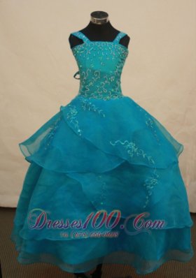 Beautiful Teal Flower Girl Pageant Dress With Appliques Decorate On Organza Straps Neckline  Pageant Dresses