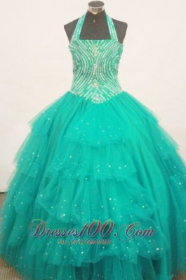 Beaded Decorate Bust Turquoise Little Girl Pageant Dress Halter Top With Ruffled Layeres  Pageant Dresses