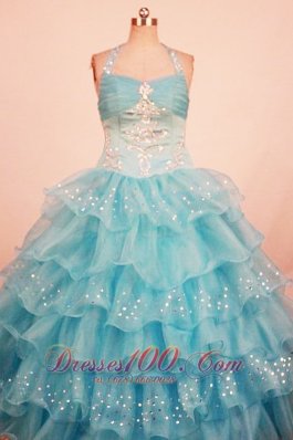 Lovely Ball Gown Little Girl Pageant Dress Ruffled Layered Halter With Floor-Length Aqua Blue Organza  Pageant Dresses