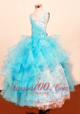Fashionable Baby Blue Little Girl Pageant Dresses Ruffled Layered Scoop Floor-Length Lace  Pageant Dresses