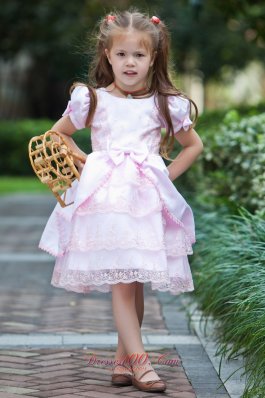 Baby Pink A-line Scoop Flower Girl Dress Taffeta and Lace Bow Tea-length