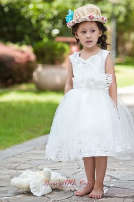 White Ball Gown V-neck Tea-length Taffeta and Organza Hand Made Flowers and Beading Flower Girl Dress