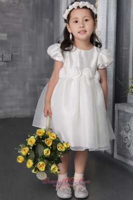 White A-line / Princess Scoop Tea-length Organza Hand Made Flowers Flower Girl Dress