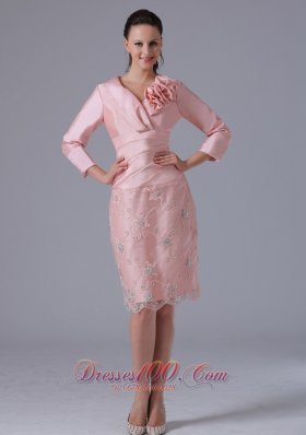 New Mdest Baby Pink Long Sleeves Mother Of The Bride Dress With Hand Made Flowers Knee-length