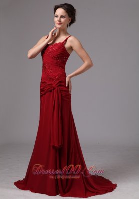 Discount Wine Red Spaghetti Straps Mother Of The Bride Dress With Appliques and Beading Brush Train For Custom Made In Cleveland Georgia