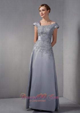 Discount Perfect Gray Column Mother Of The Bride Dress Asymmetrical Appliques Ankle-length Satin