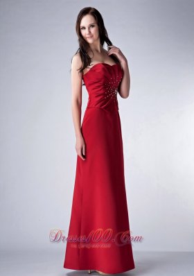 Elegant Red Column Strapless Floor-length Satin Beading Bridesmaid Dress