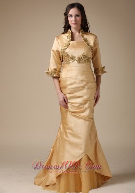Elegant Gold Mermaid Strapless Mother of the Bride Dress Appliques and Ruch