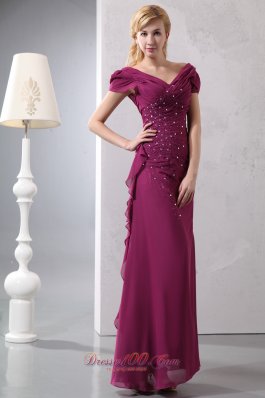 Elegant Modest Burgundy Column V-neck Prom Dress Ankle-length Chiffon Beading