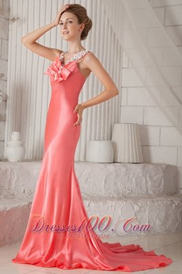 2013 Watermelon Column Spaghetti Straps Brush Train Elastic Woven Satin Beading Prom / Celebrity Dress