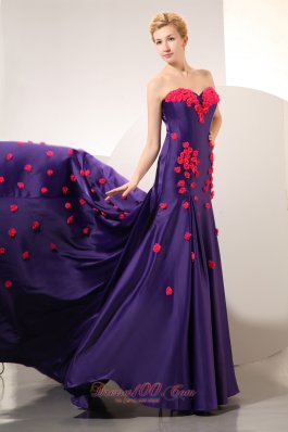 2013 Unique Purple Column Sweetheart Prom Dress Chapel Train Elastic Woven Satin Hand Made Flowers